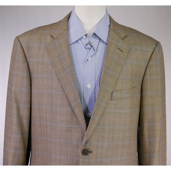 John W Nordstrom Loro Piana Brown Blue Windowpane Wool Silk Sportcoat Blazer 42L - Picture 3 of 9